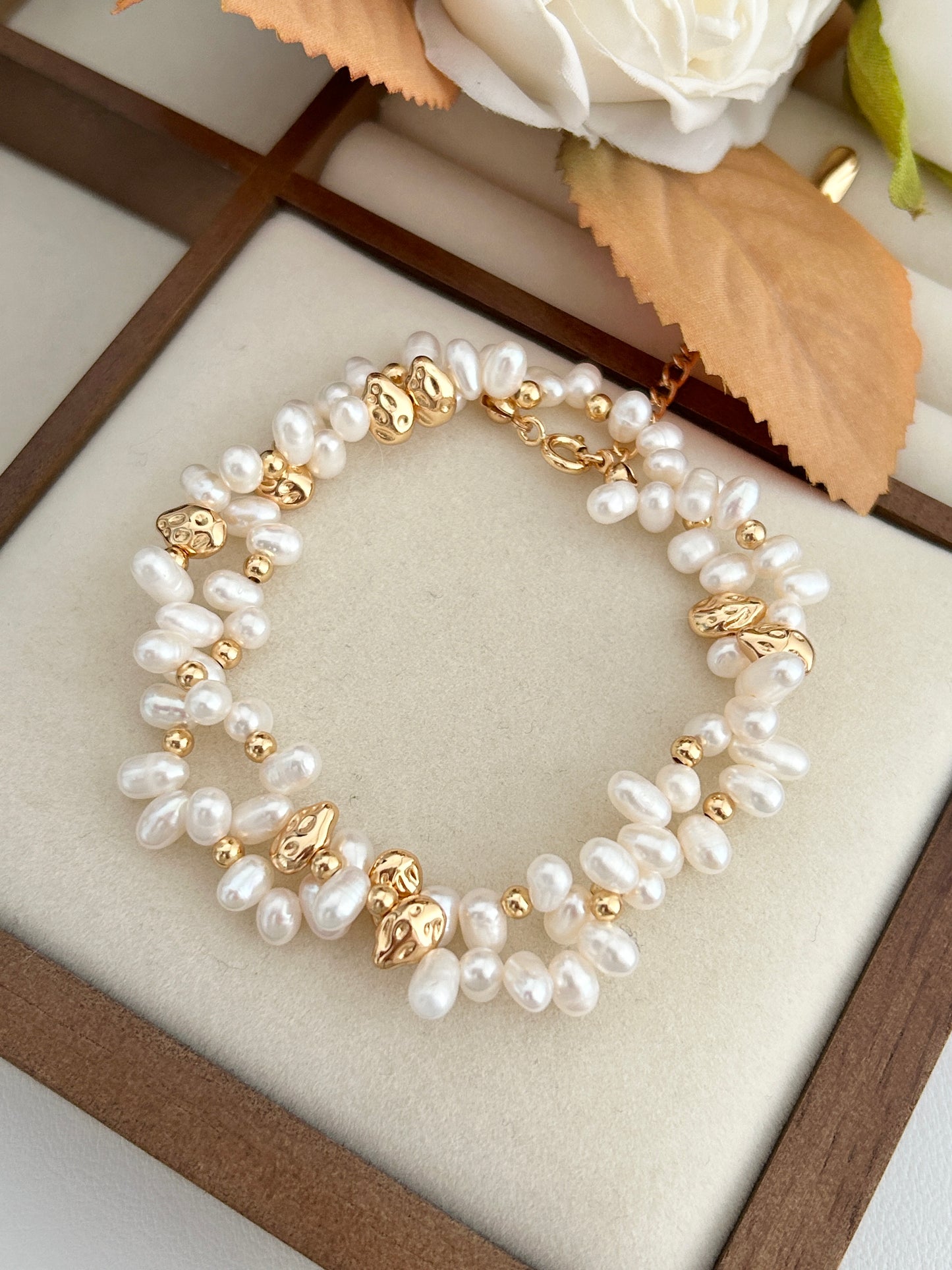Vintage Gold Freshwater Pearl Necklace – 925 Sterling Silver | Matching Bracelet Set