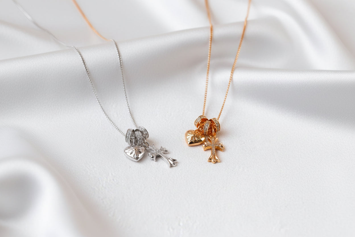 S925 Sterling Silver Cross & Heart Charm Necklace