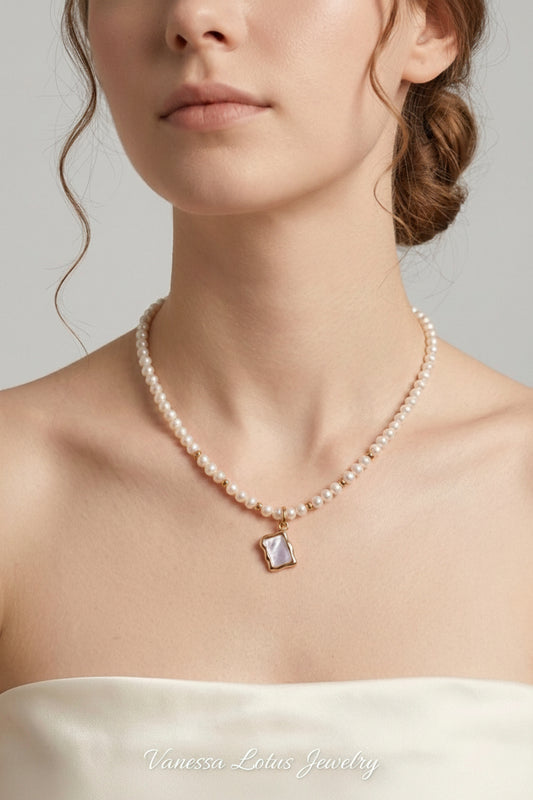 Freshwater Pearl Necklace & Bracelet Set with Double-Sided Mother-of-Pearl Pendant – Vintage Gold Beaded Pearl Jewelry