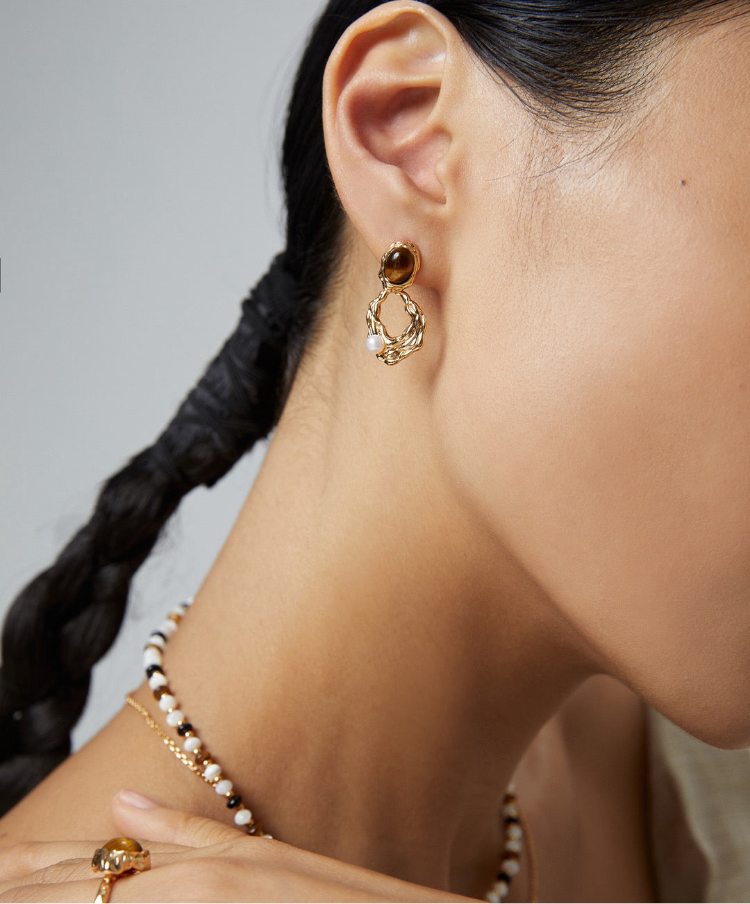 S925 Sterling Silver Tiger’s Eye & Pearl Earrings