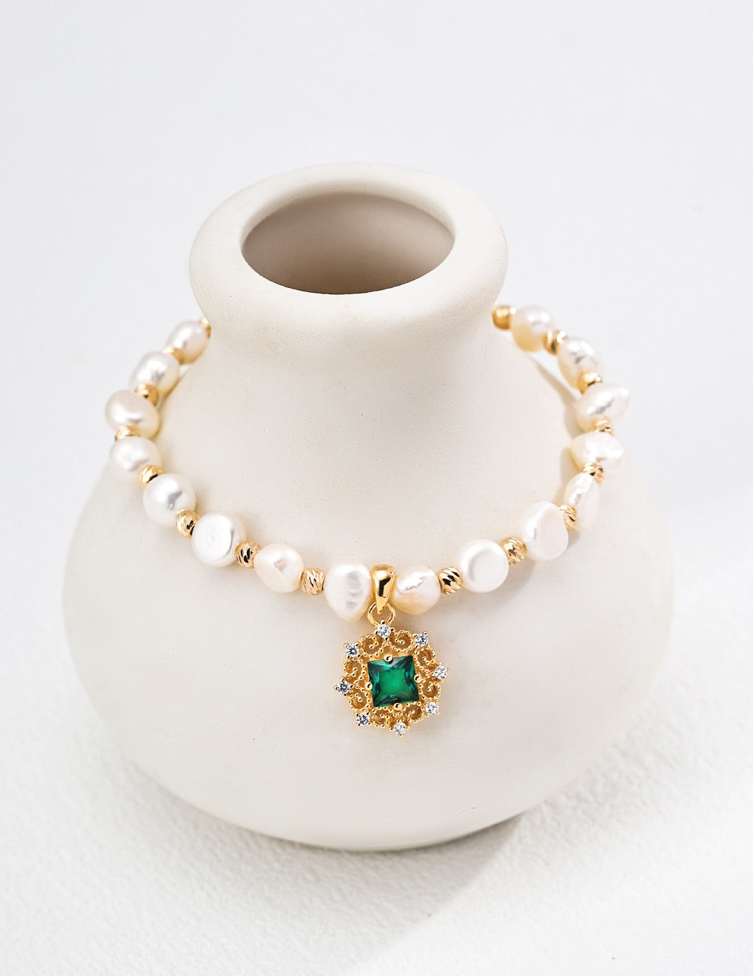 S925 Vintage Gold Pearl & Green Zircon Necklace and Bracelet Set | Natural Freshwater Pearl Jewelry