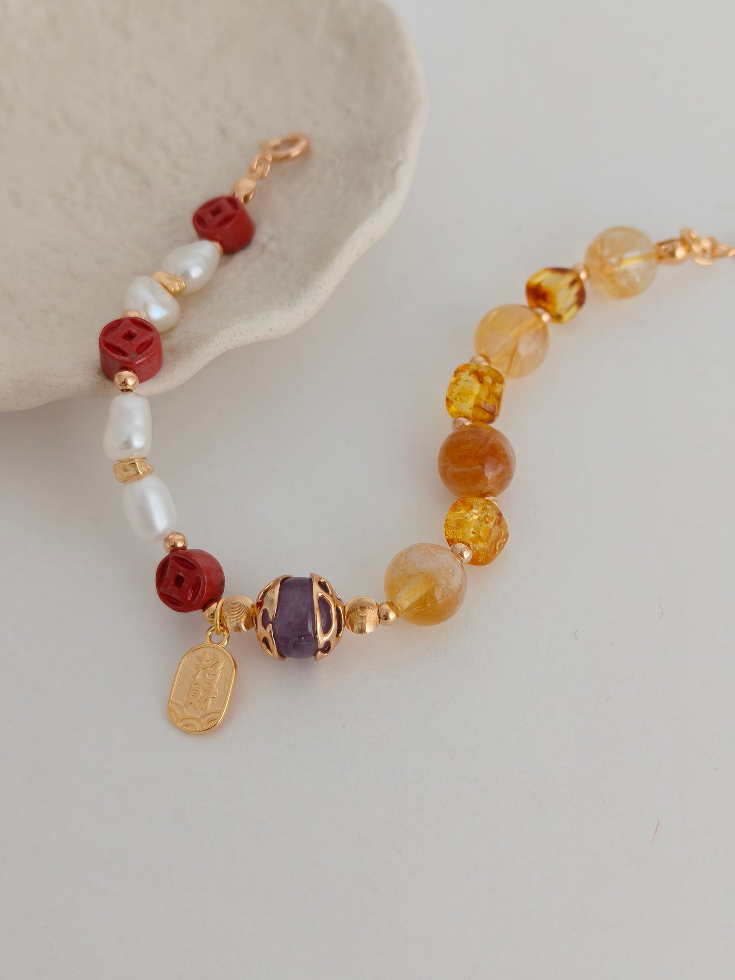 Vintage Gold Multi-Gem Pearl Bracelet | S925 Silver