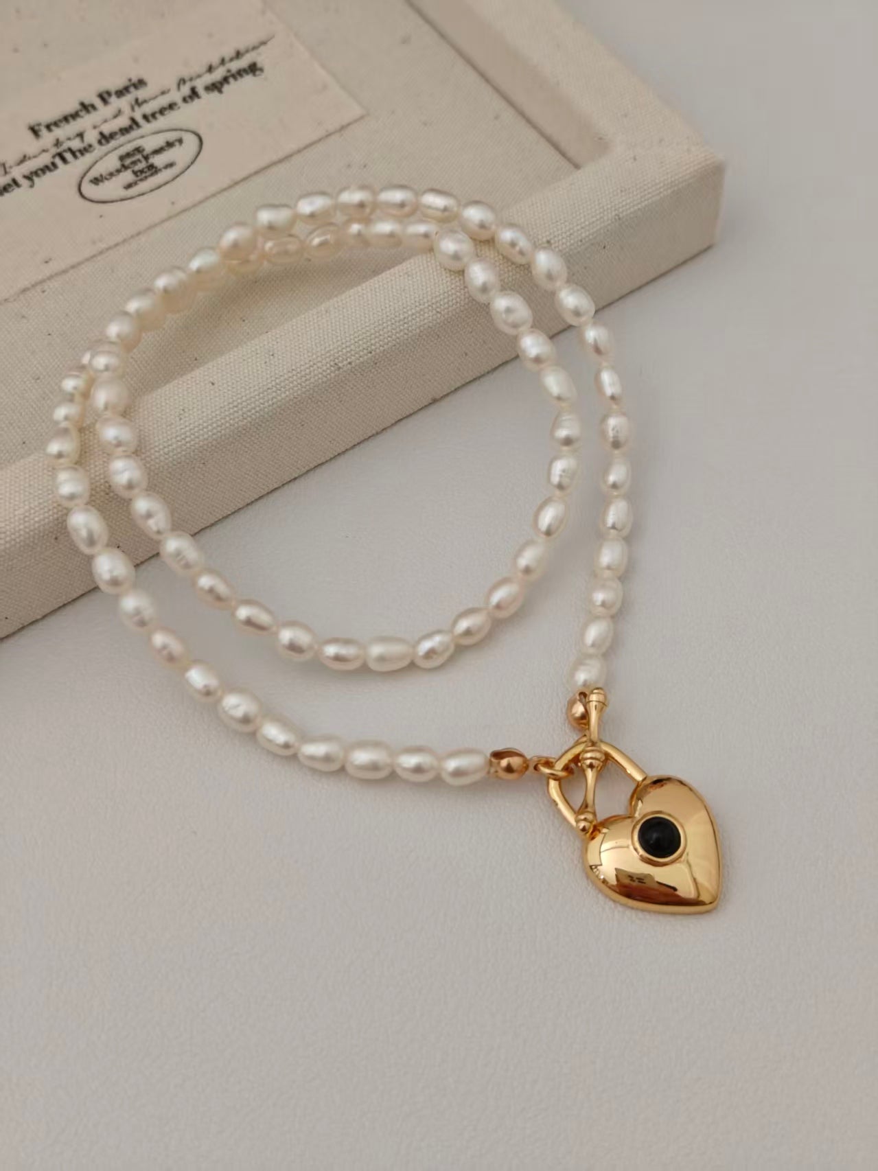 Vintage Gold Sterling Silver Black Onyx & Rice Pearl Necklace with Heart Pendant