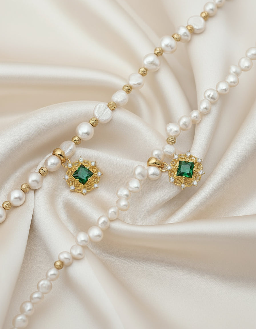 S925 Vintage Gold Pearl & Green Zircon Necklace and Bracelet Set | Natural Freshwater Pearl Jewelry