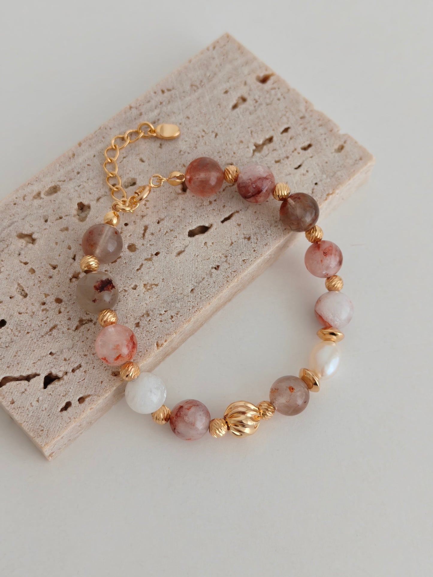 Red Hematoid Quartz (Fire Quartz) Pearl Beaded Bracelet – Vintage Gold S925 Sterling Silver Adjustable Gemstone Bracelet