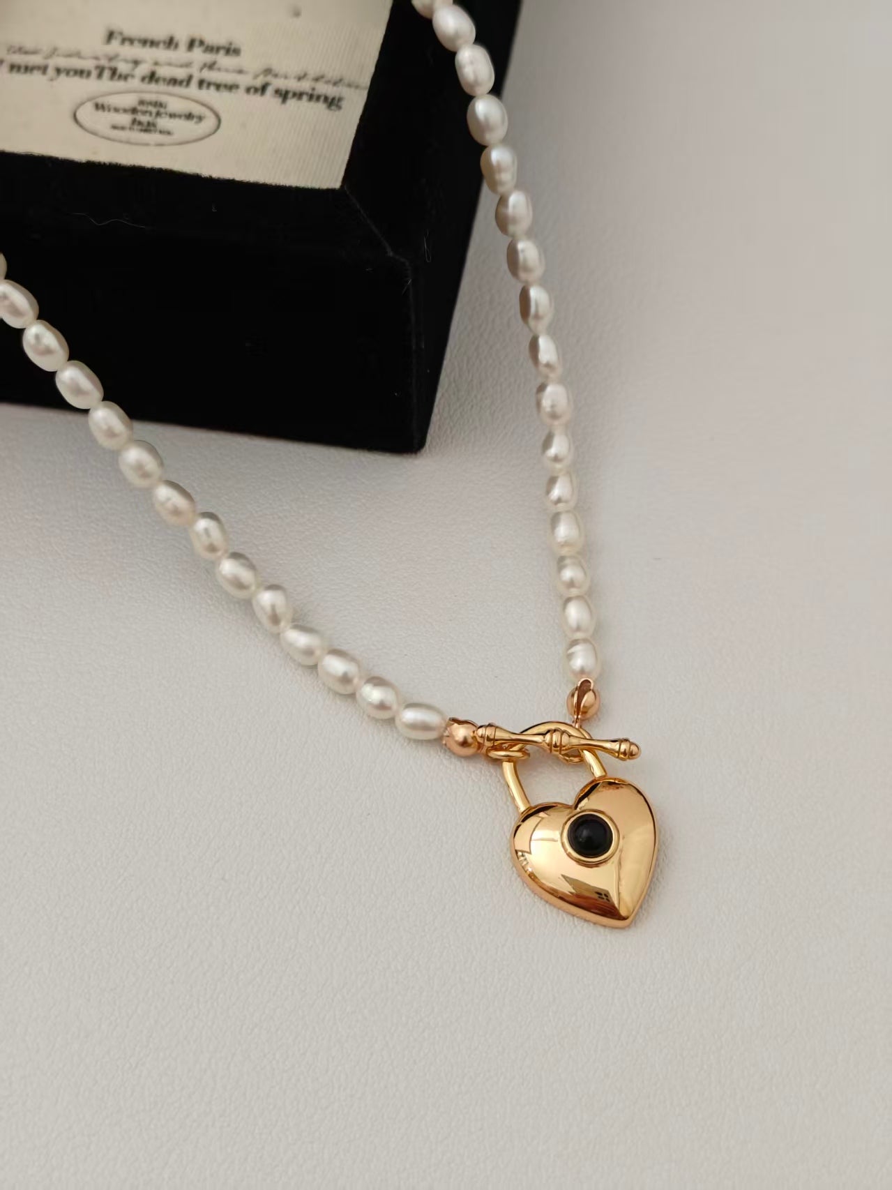 Vintage Gold Sterling Silver Black Onyx & Rice Pearl Necklace with Heart Pendant