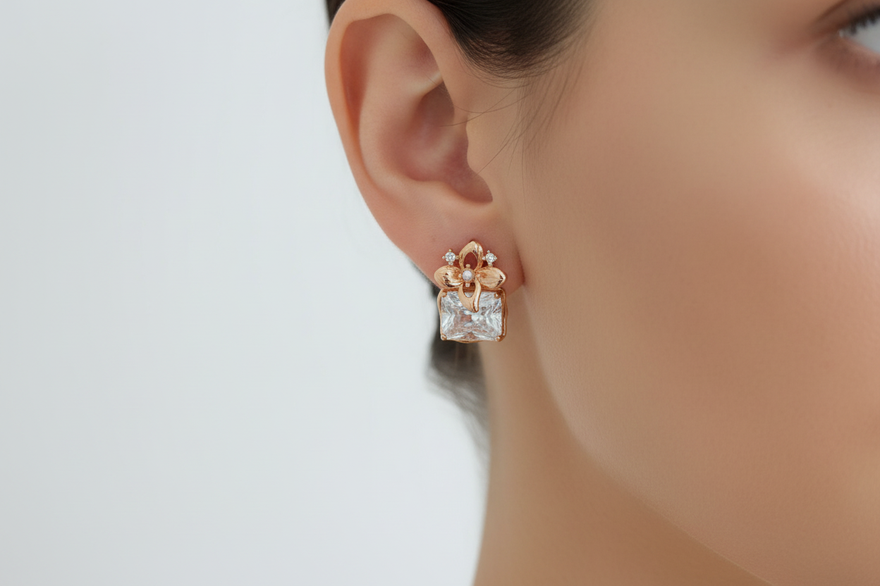 Vintage Gold Flower Square Zirconia Stud Earrings – S925 Sterling Silver