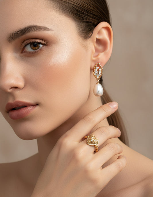 Vintage Gold Baroque Pearl Drop Earrings | 925 Silver & Zircon