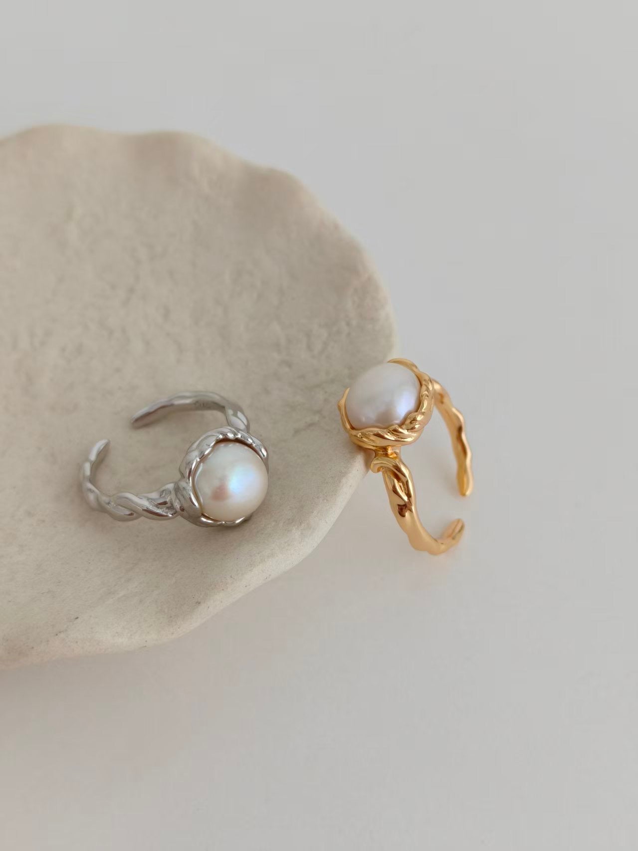 S925 Sterling Silver Natural Pearl Ring – Vintage Gold / Platinum Adjustable Ring