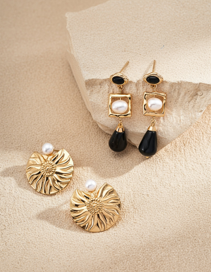 S925 Silver Pearl & Onyx Earrings with Velvet Choker Set