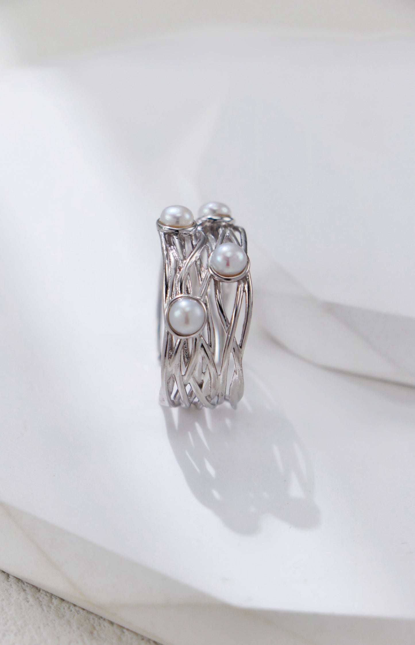 S925 Sterling Silver Woven Vine Pearl Ring –Minimalist Statement Jewelry