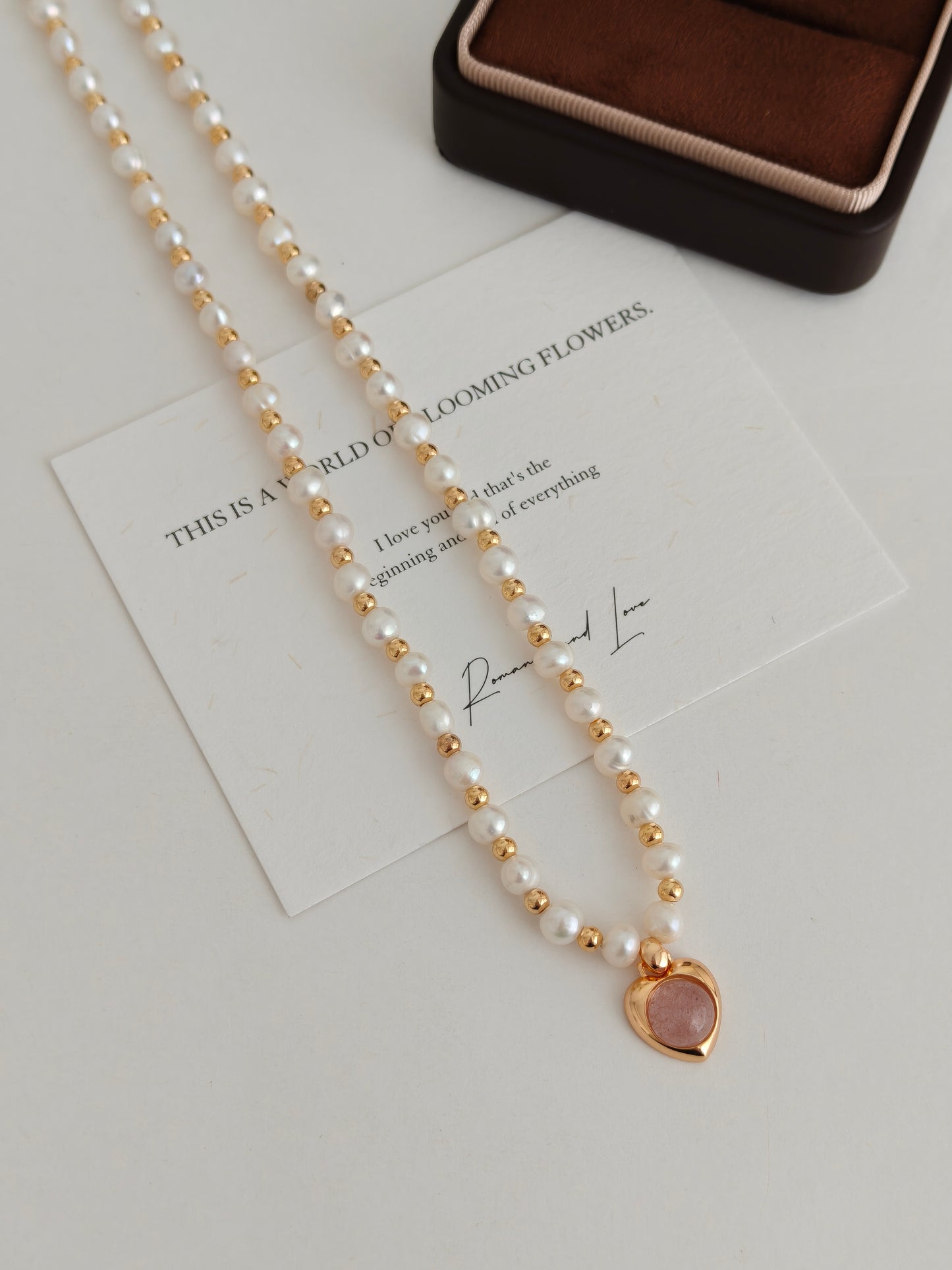 Vintage Gold Strawberry Quartz Heart Pearl Necklace – 925 Sterling Silver Beaded Choker