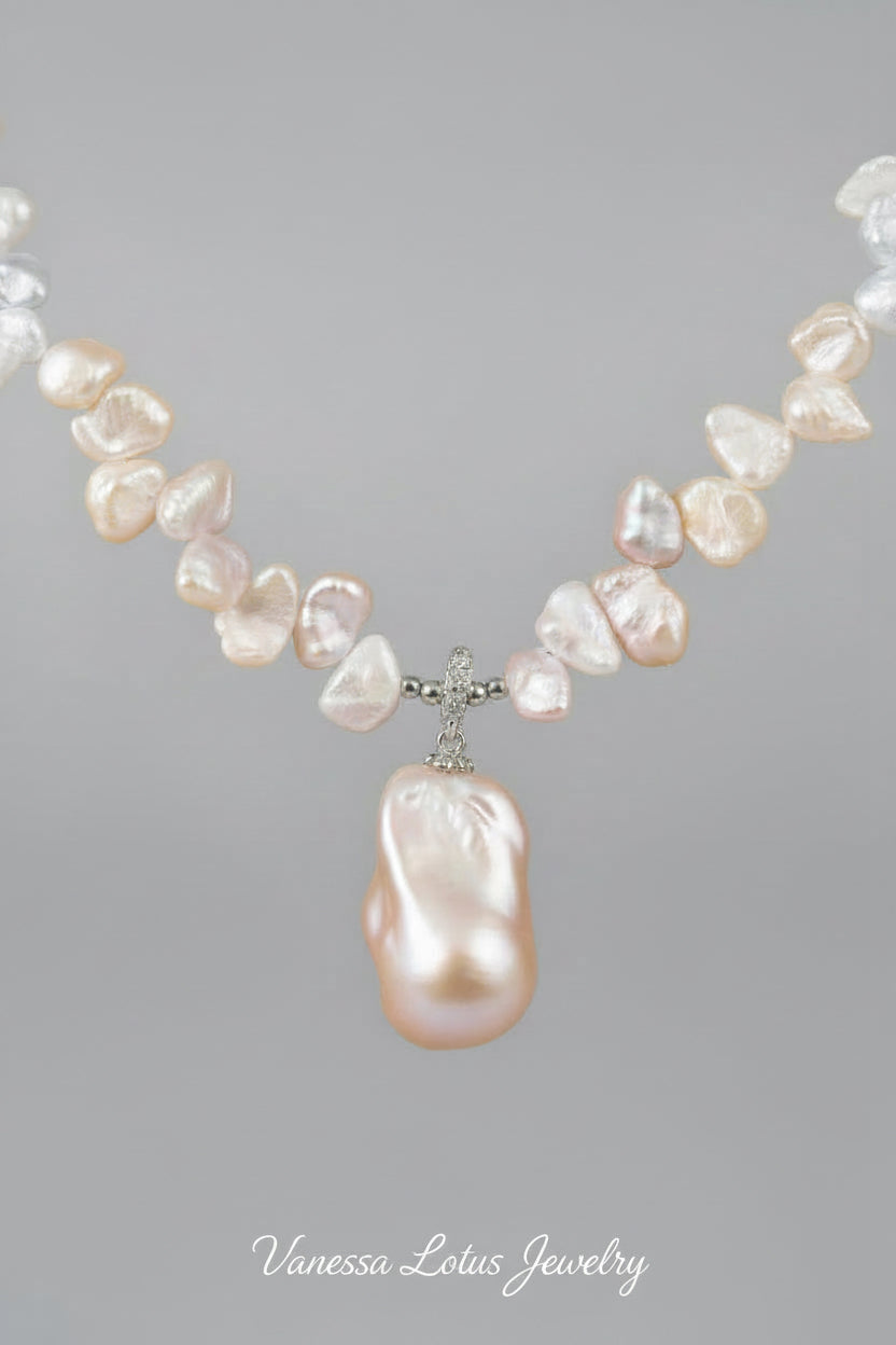 Removable Baroque Pearl Pendant Necklace – Freshwater Pearl & Pink Petal Pearls