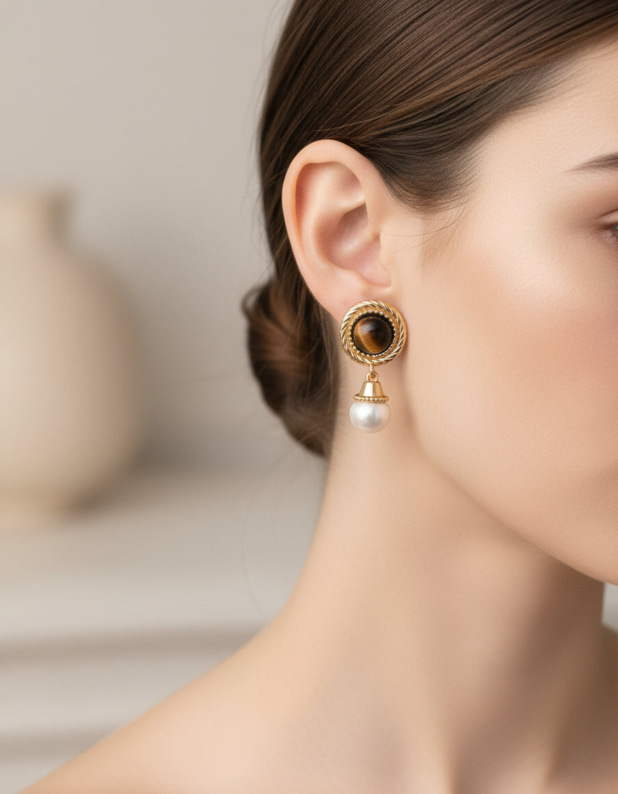 S925 Silver Tiger Eye & Pearl Earrings – Vintage Gold