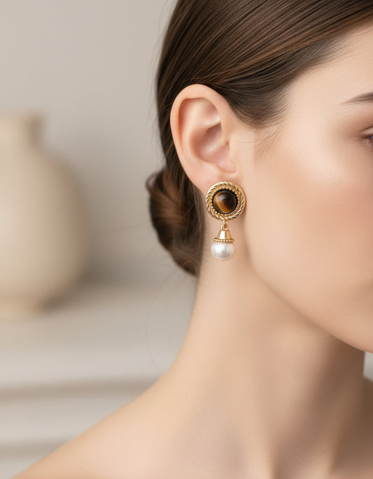 S925 Silver Tiger Eye & Pearl Earrings – Vintage Gold