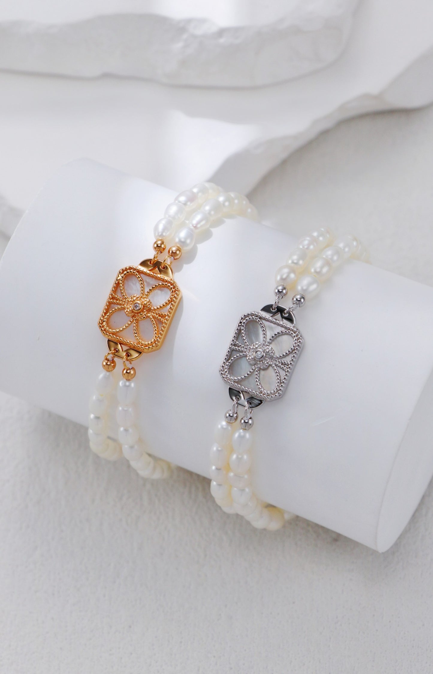 Blossom Emblem Pearl Bracelet – S925 Silver & White Shell Pearl