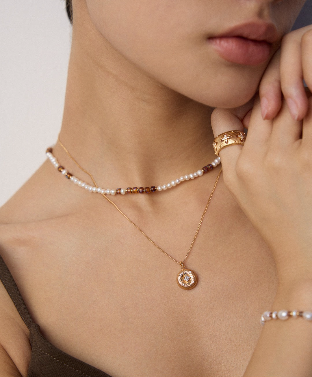Vintage Gold Pearl & Glazed Glass Bead Jewelry Set – S925 Silver