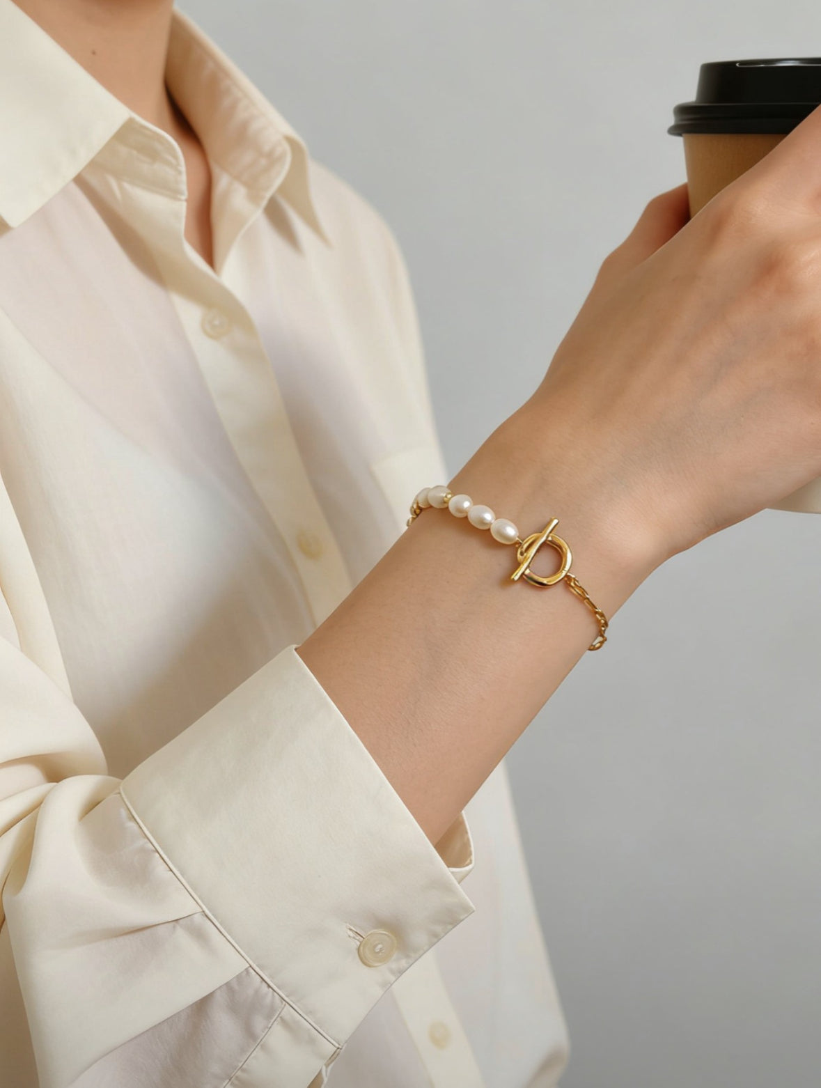 Aurora Pearl & Gold Chain Bracelet – S925 Sterling Silver