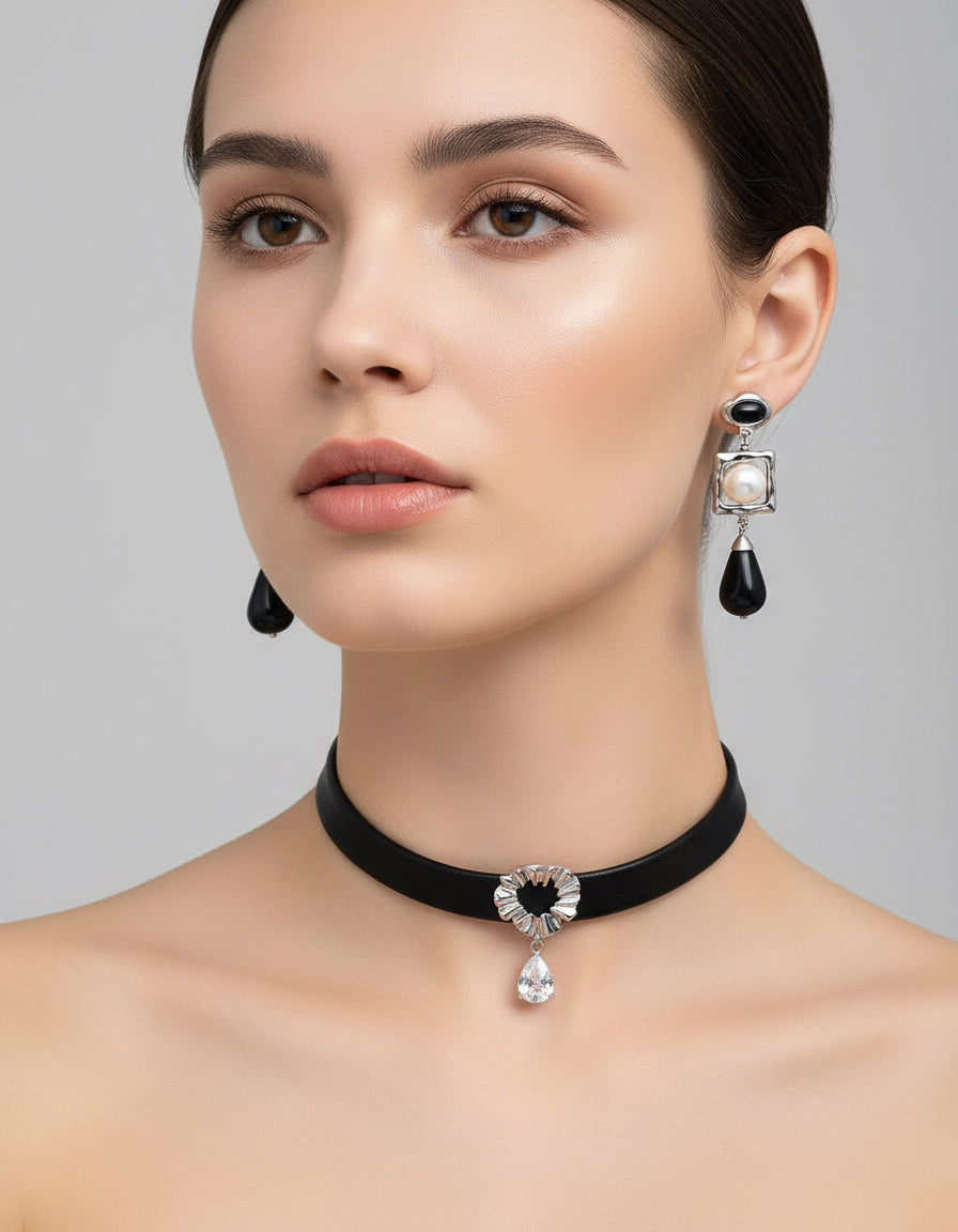 S925 Silver Pearl & Onyx Earrings with Velvet Choker Set