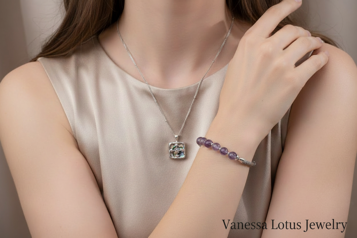 Abalone Shell Pendant Necklace – S925 Sterling Silver Gold Plated Square Charm Necklace