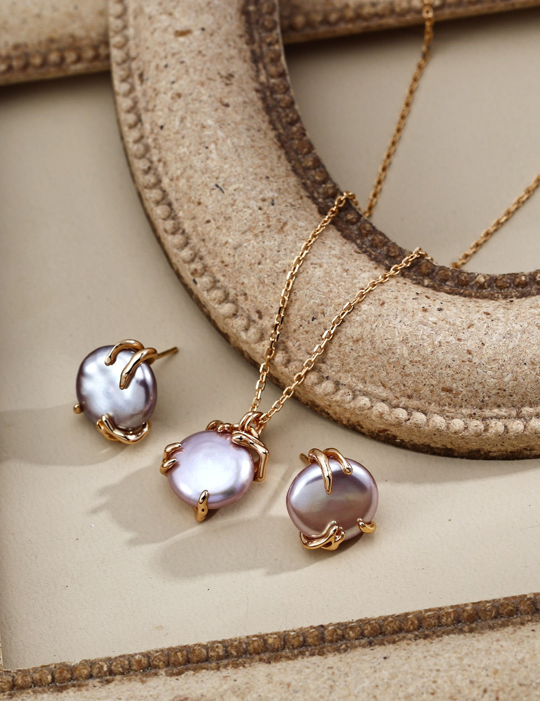 Vintage Gold Baroque Pearl Jewelry Set – Necklace & Stud Earrings | S925 Silver
