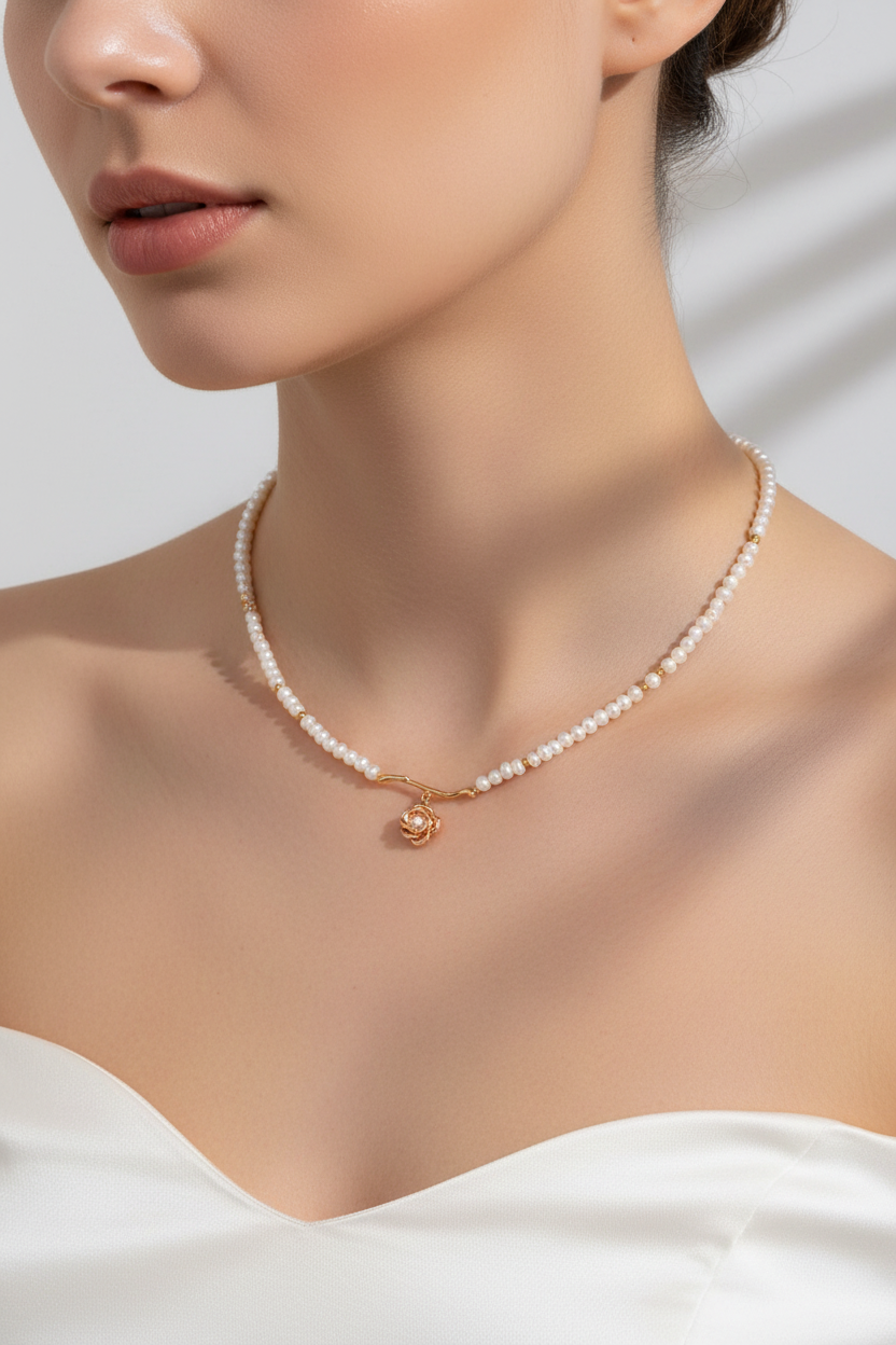 Vintage Gold Rose Pendant Pearl Necklace – S925 Silver