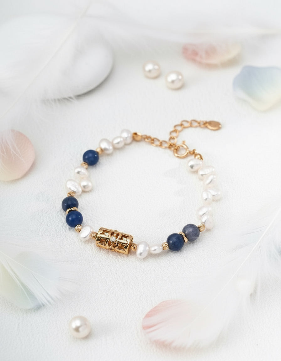 Vintage Gold Pearl & Blue Aventurine Bracelet | S925 Silver Jewelry