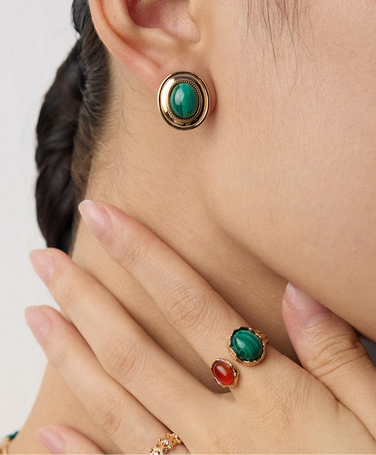 Vintage Gold Malachite Stud Earrings – 925 Sterling Silver Oval Gemstone Studs