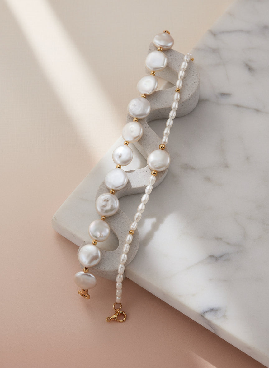 S925 Silver Button Pearl & Mini Pearl Bracelet