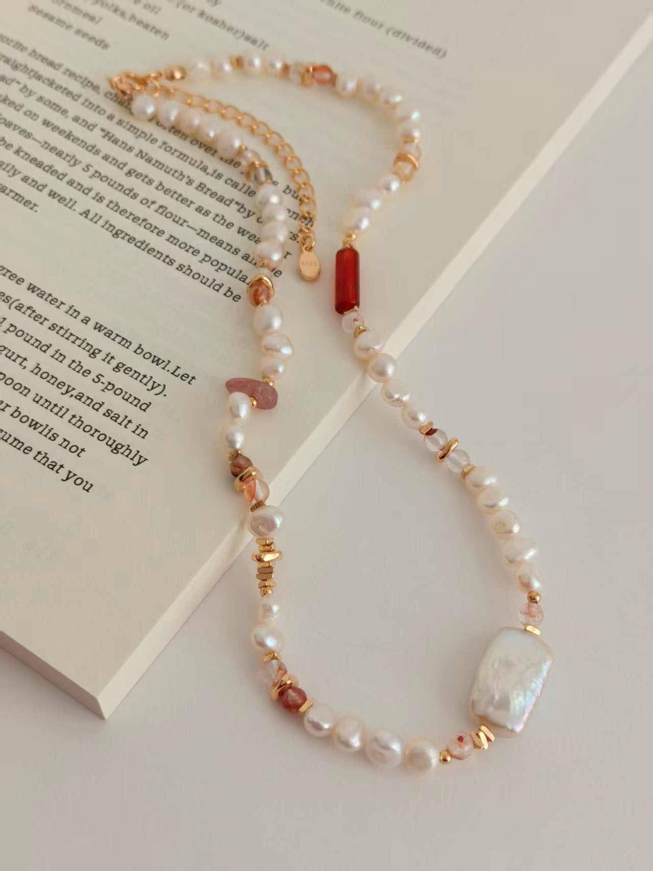 Strawberry Quartz & Pearl Beaded Necklace – S925 Silver