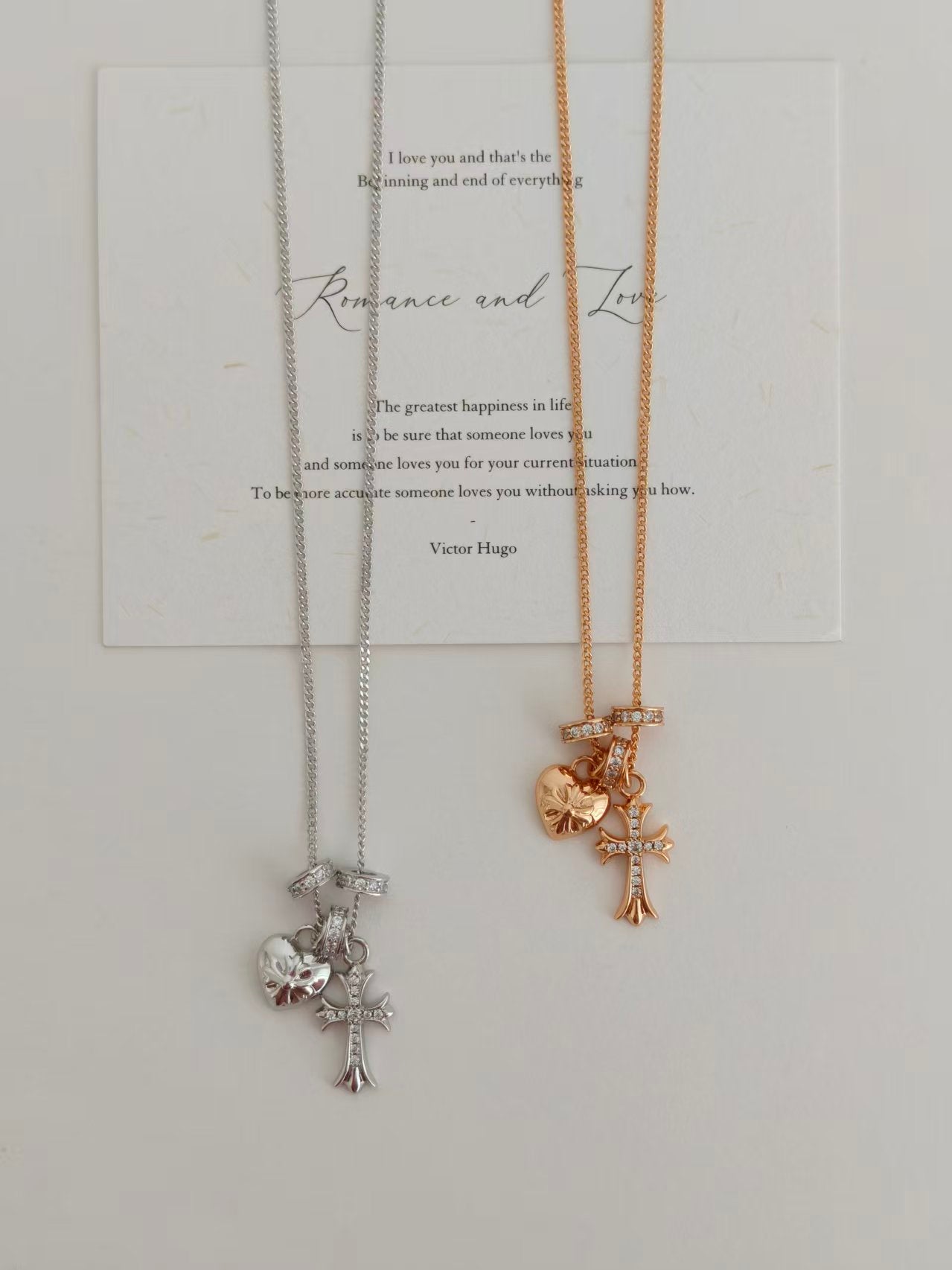 S925 Sterling Silver Cross & Heart Charm Necklace