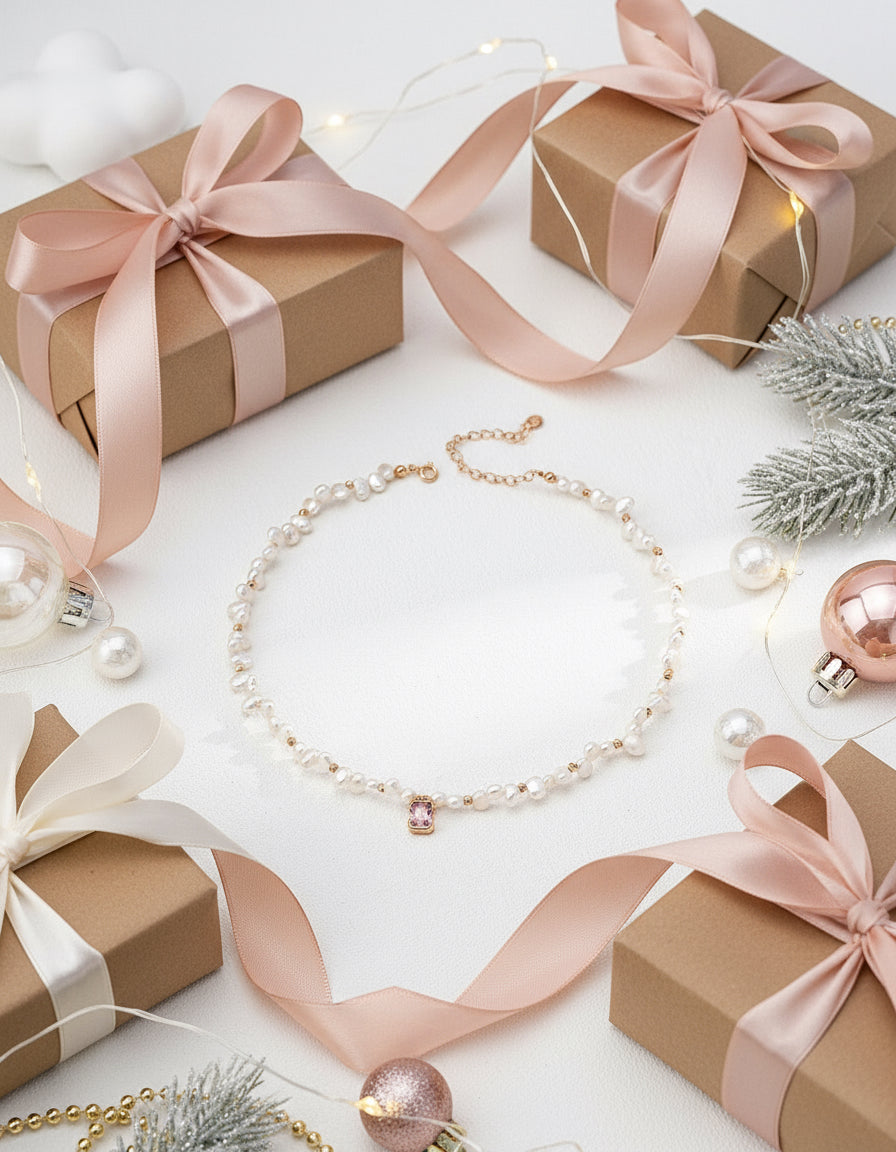 S925 Silver Pink Zircon & Pearl Necklace – Vintage Gold