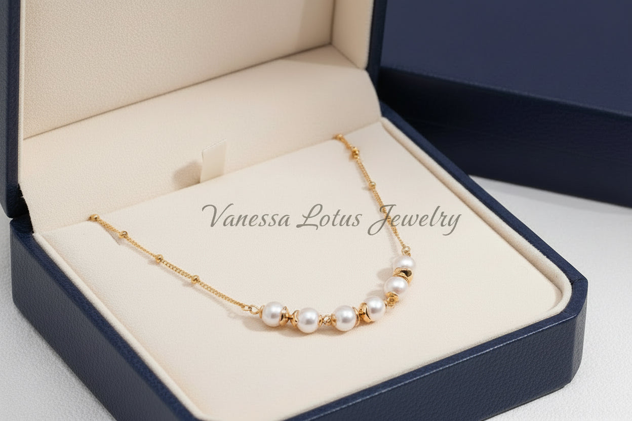 Vintage Gold Freshwater Pearl Station Necklace – 925 Sterling Silver Minimalist Pearl Choker Necklace