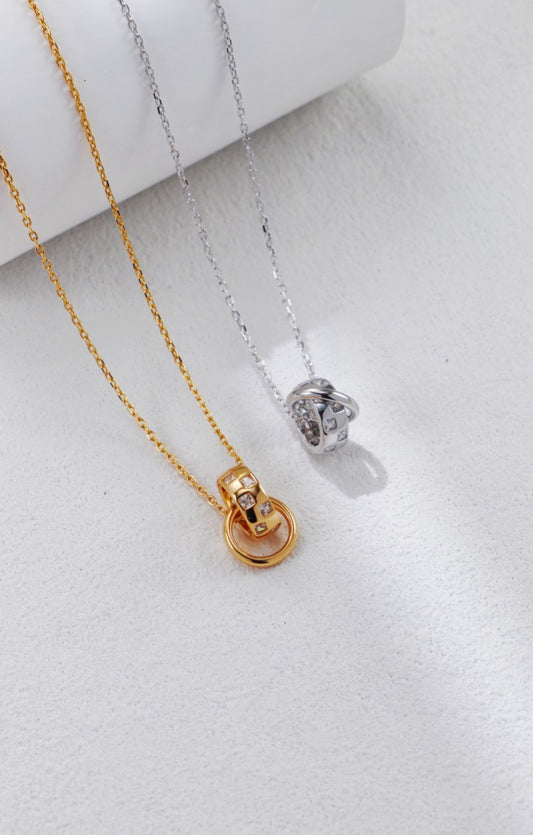 Elegant Dual Ring Pendant Necklace – Gold-Plated S925 Sterling Silver with CZ Accents