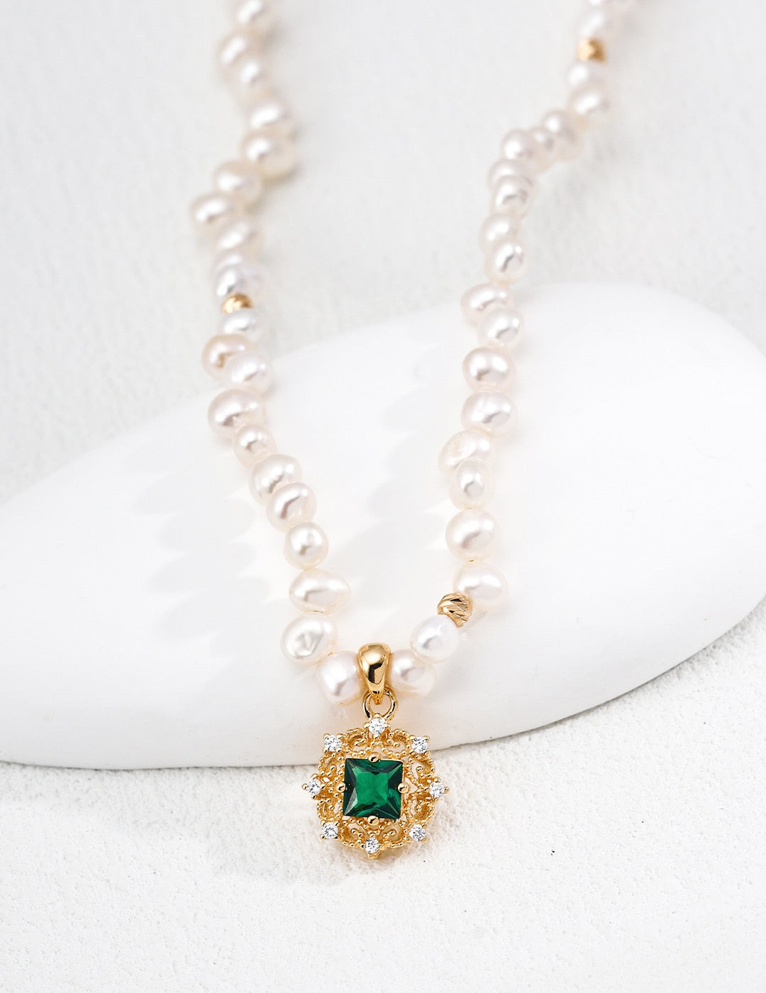 S925 Vintage Gold Pearl & Green Zircon Necklace and Bracelet Set | Natural Freshwater Pearl Jewelry