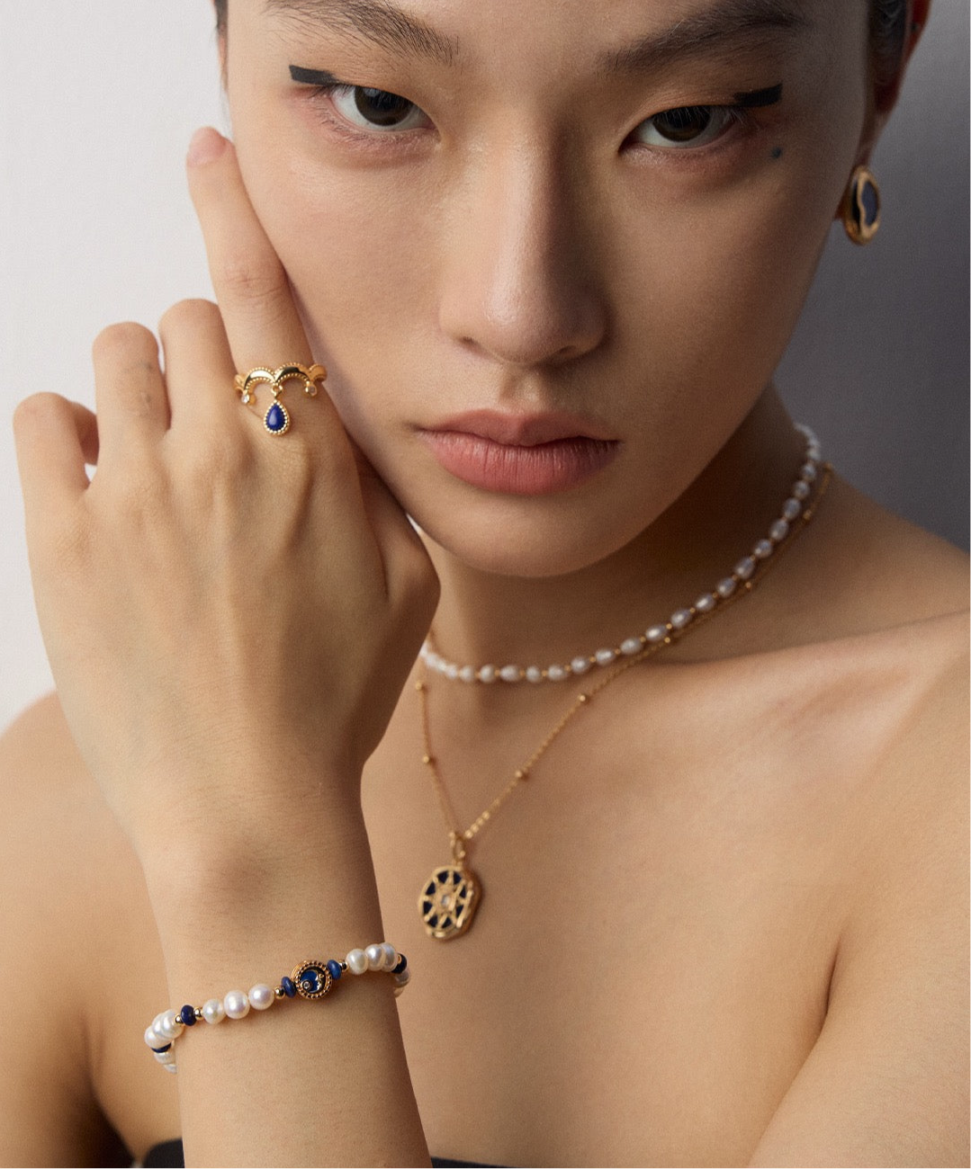 Vintage Gold Pearl and Lapis Lazuli Bracelet – 925 Sterling Silver Adjustable Chain