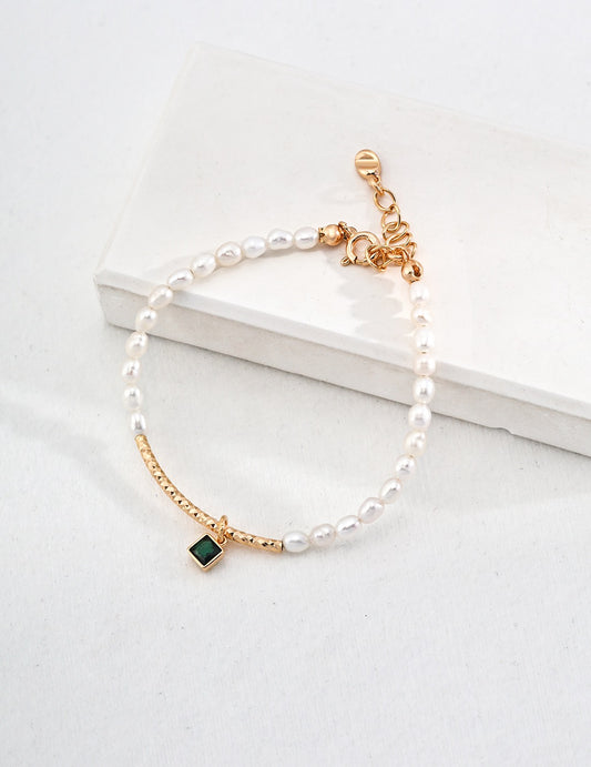 Pearl Bracelet with Green Gemstone