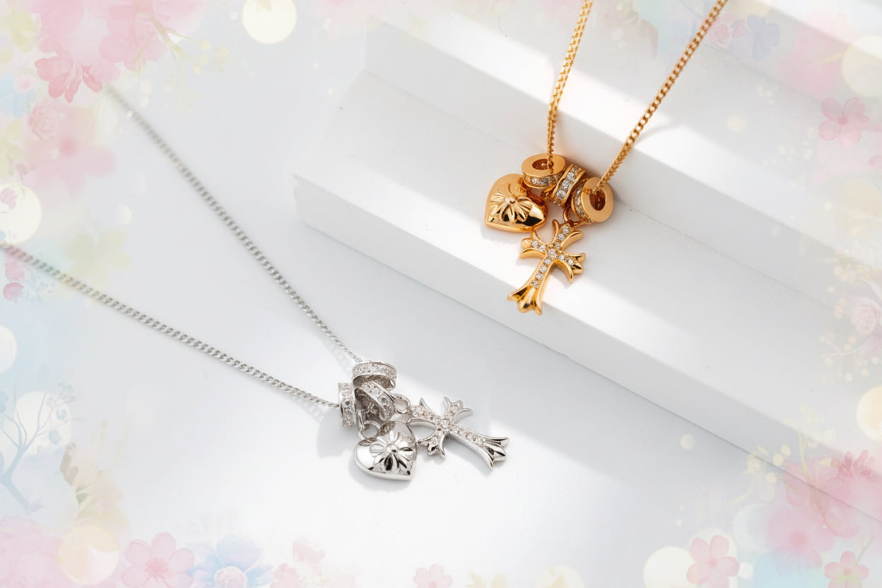 S925 Sterling Silver Cross & Heart Charm Necklace