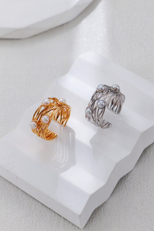 S925 Sterling Silver Woven Vine Pearl Ring –Minimalist Statement Jewelry