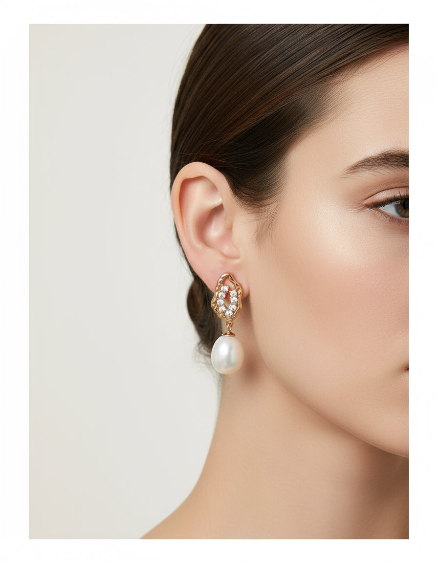 Vintage Gold Baroque Pearl Drop Earrings | 925 Silver & Zircon