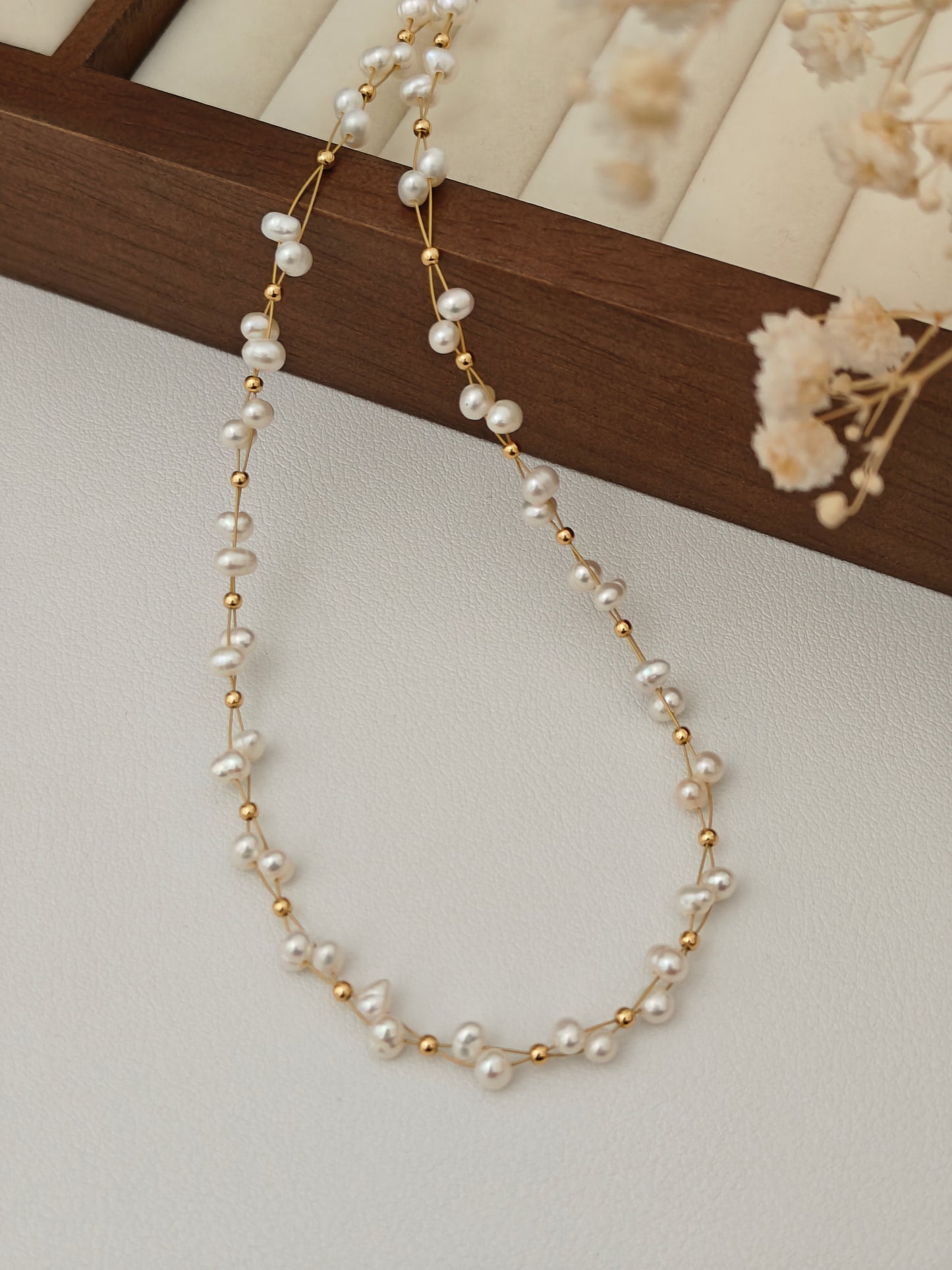 Handcrafted Vintage Gold Baby Pearl Necklace | Spring Wreath Pearl Necklace