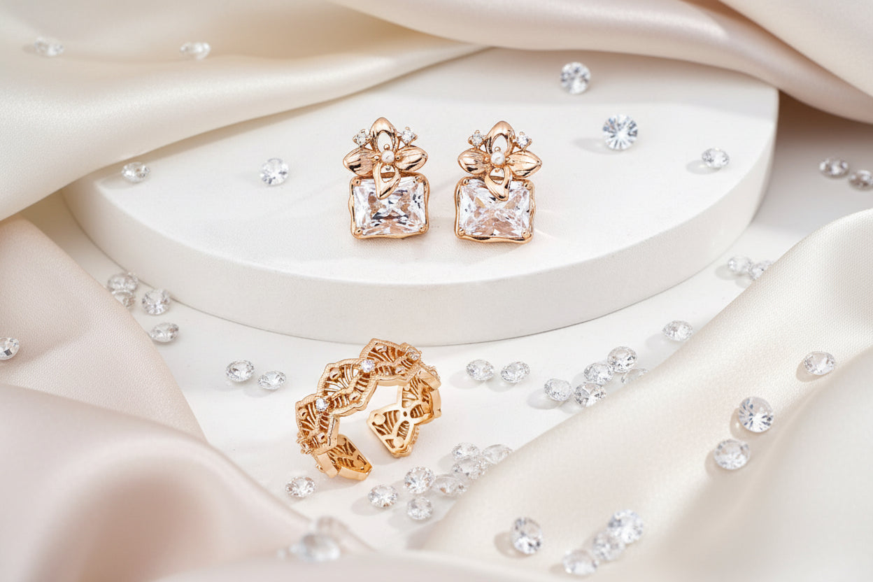 Vintage Gold Flower Square Zirconia Stud Earrings – S925 Sterling Silver