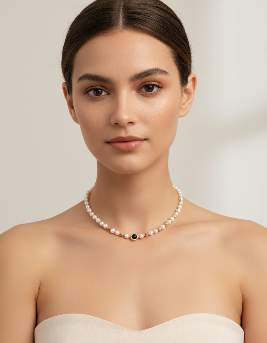 S925 Silver Tiger Eye & Pearl Necklace – Vintage Gold