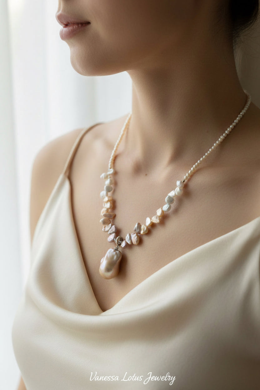 Removable Baroque Pearl Pendant Necklace – Freshwater Pearl & Pink Petal Pearls