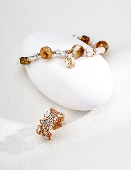 Citrine & Pearl Prosperity Bracelet – S925 Silver | Vintage Gold Finish