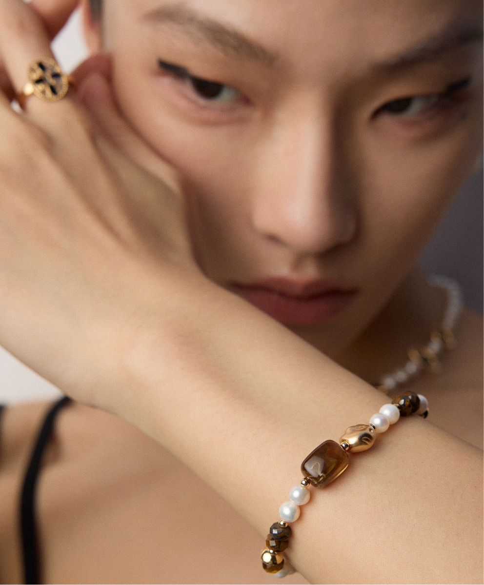 Vintage Gold Pearl and Tiger Eye Beaded Bracelet – 925 Sterling Silver
