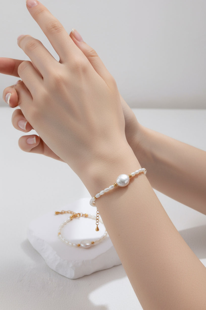 S925 Silver Button Pearl & Mini Pearl Bracelet