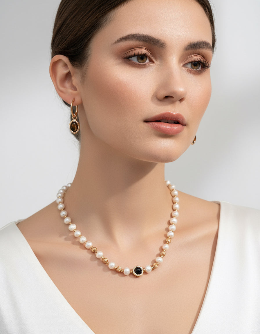 S925 Silver Tiger Eye & Pearl Necklace – Vintage Gold