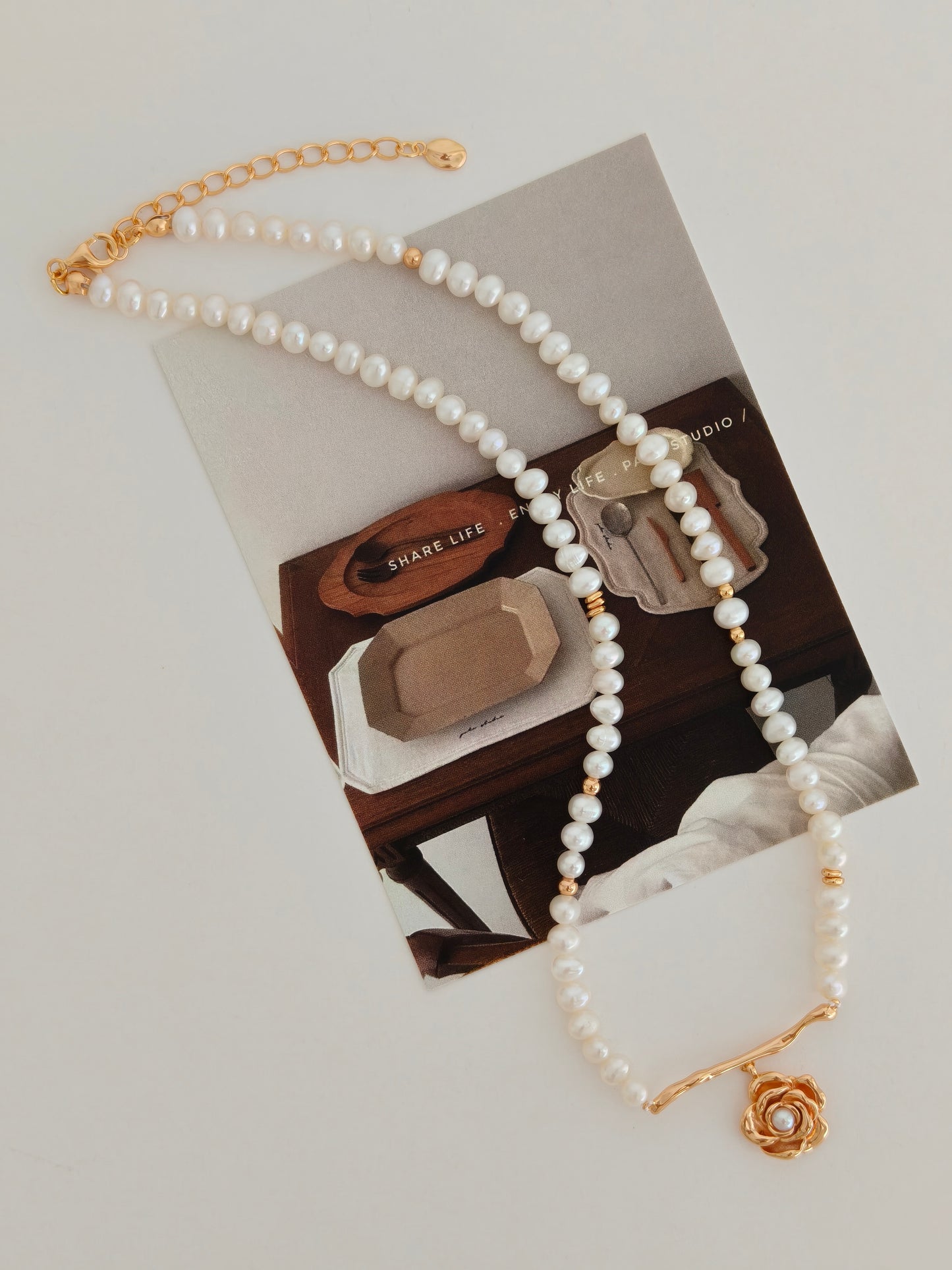 Vintage Gold Rose Pendant Pearl Necklace – S925 Silver