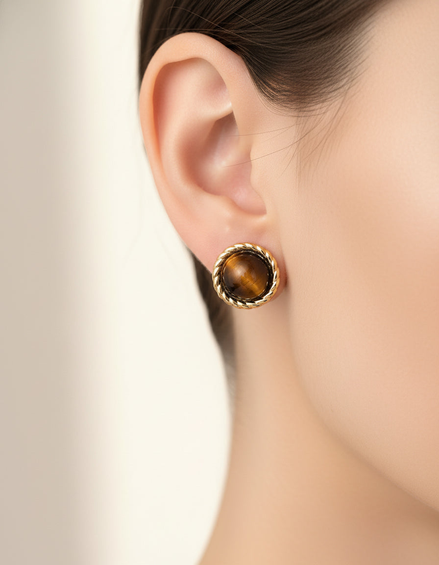 S925 Tiger’s Eye Vintage Gold Earrings